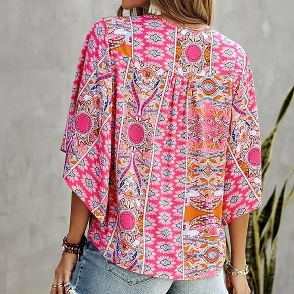 Pullover Pink Patterned Top with Wide Sleeves Size Large Boho Lightweight - Picture 9 of 9